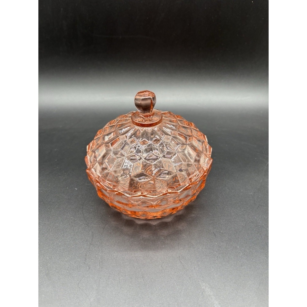 Pink Glass Diamond Quilted Vintage Lidded Candy Dish Compote ~5" Excellent - Picture 3 of 11